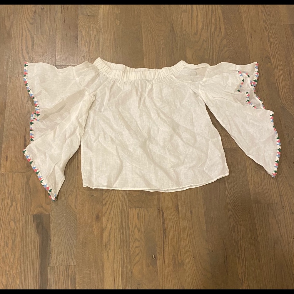 off the shoulder fringe shirt